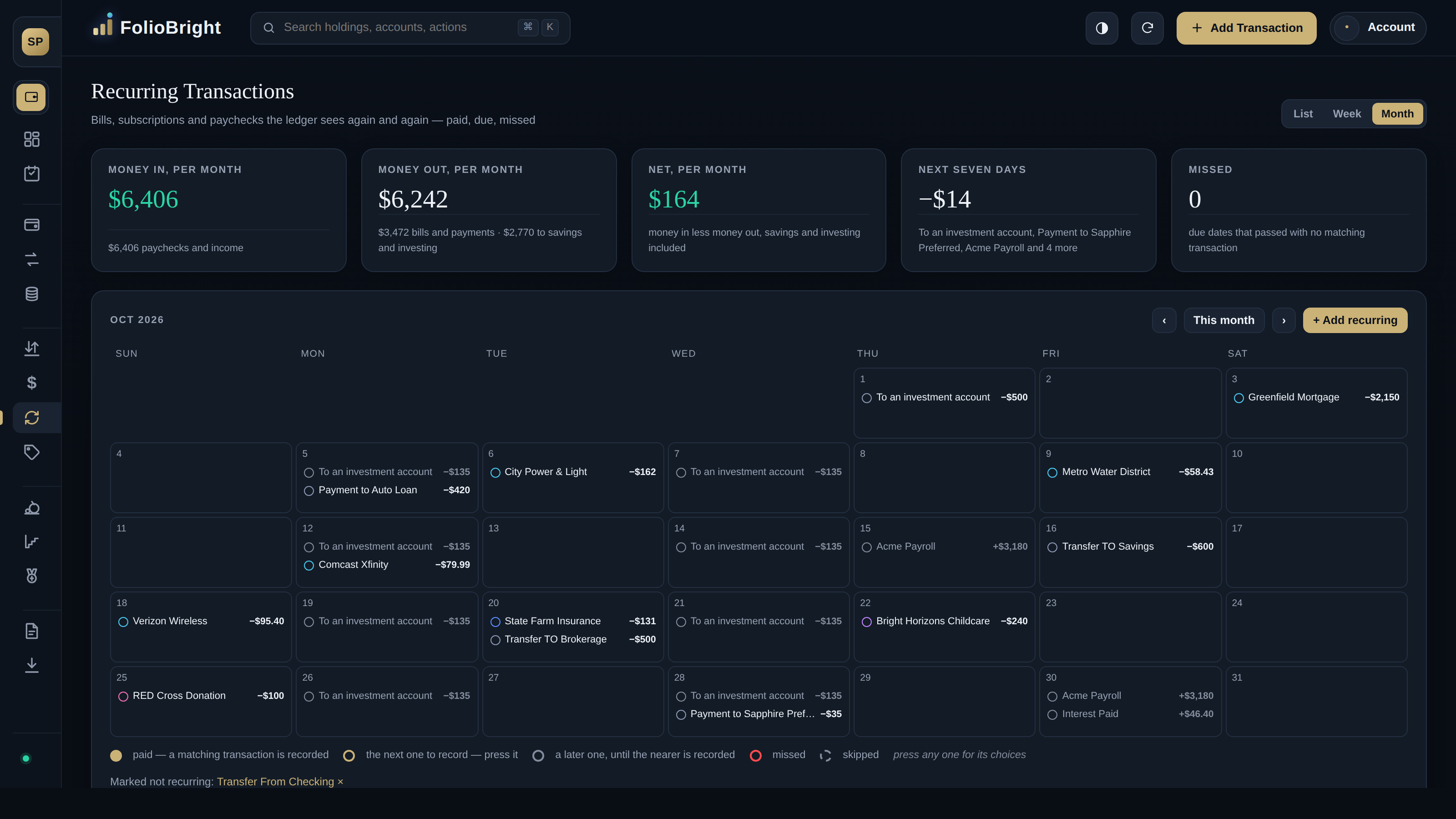 FolioBright recurring transactions